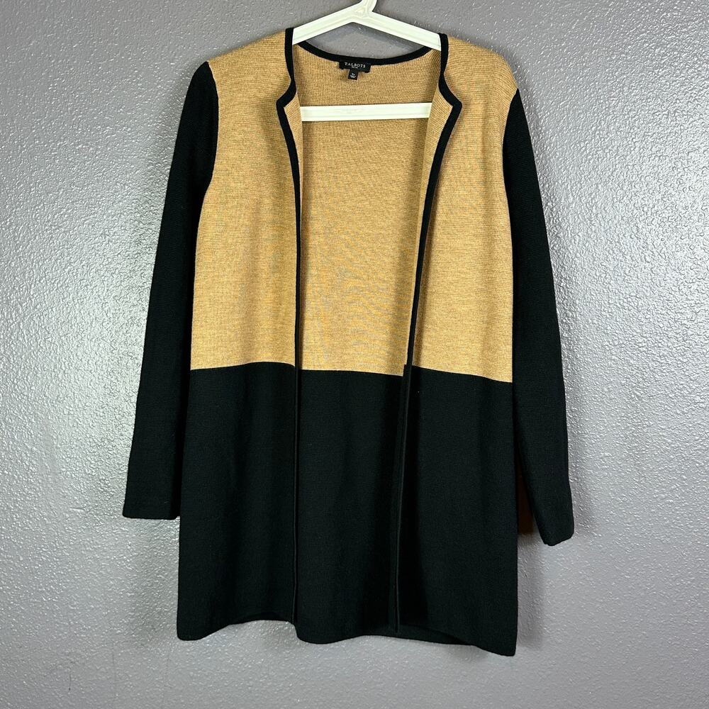 Talbots Open Cardigan Tan/Black Merino Wool Blend Colorblock Small Petite